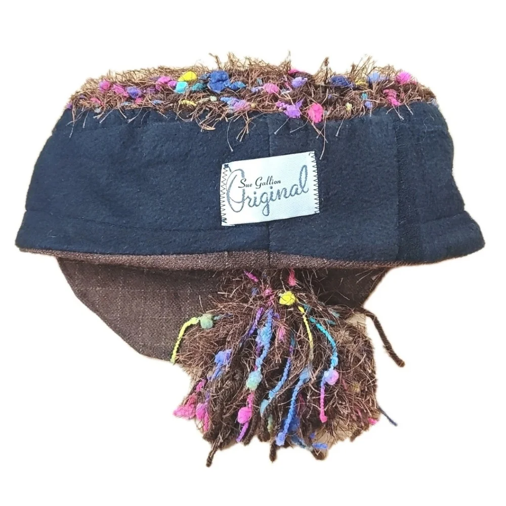 Sue Gallion Y2k Fairy Artsy Boho Brown Frilly Rainbow Confetti Beanie Hat Cap